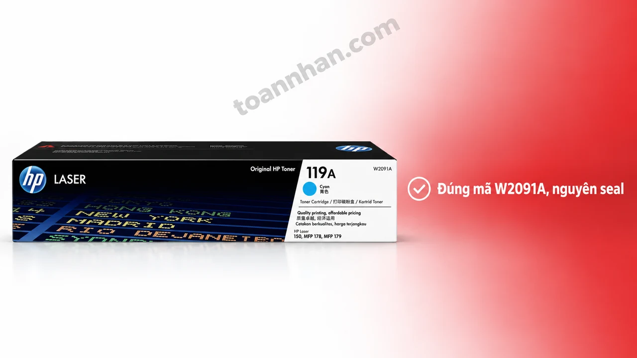Hộp mực HP W2091A chính hãng màu xanh nguyên seal trên nền trắng