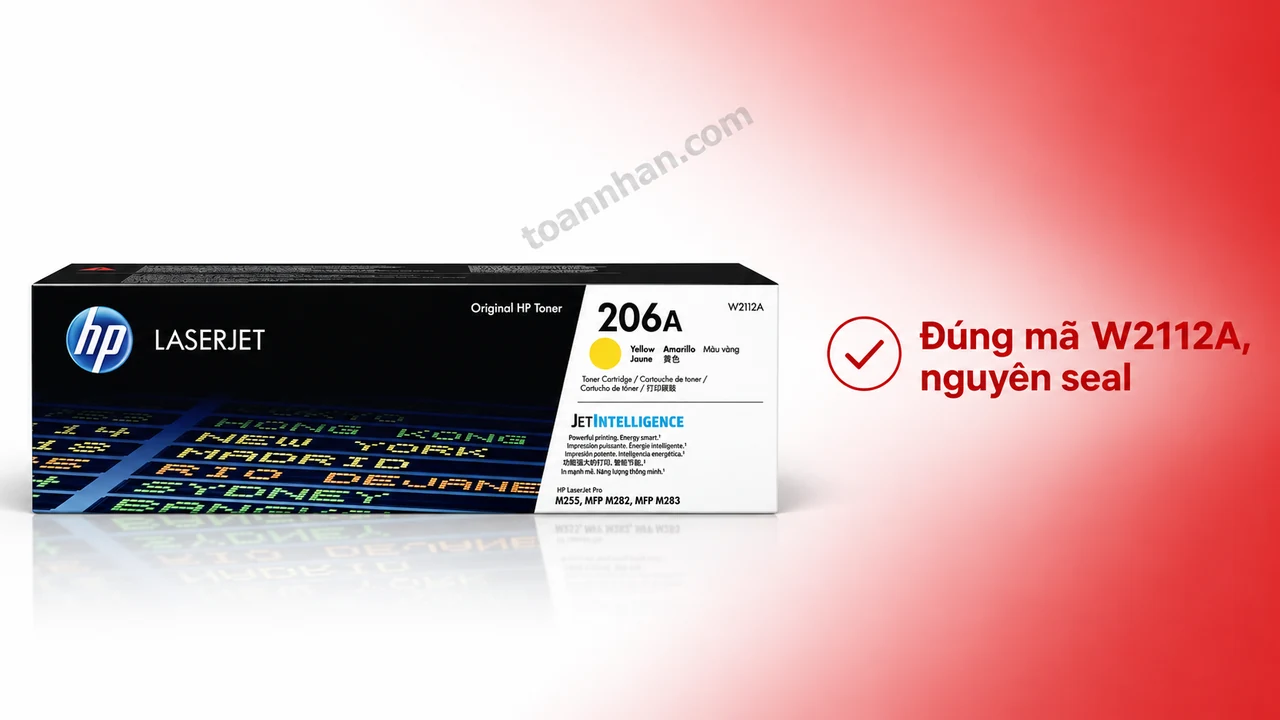Hộp mực HP W2112A chính hãng màu vàng nguyên seal trên nền trắng
