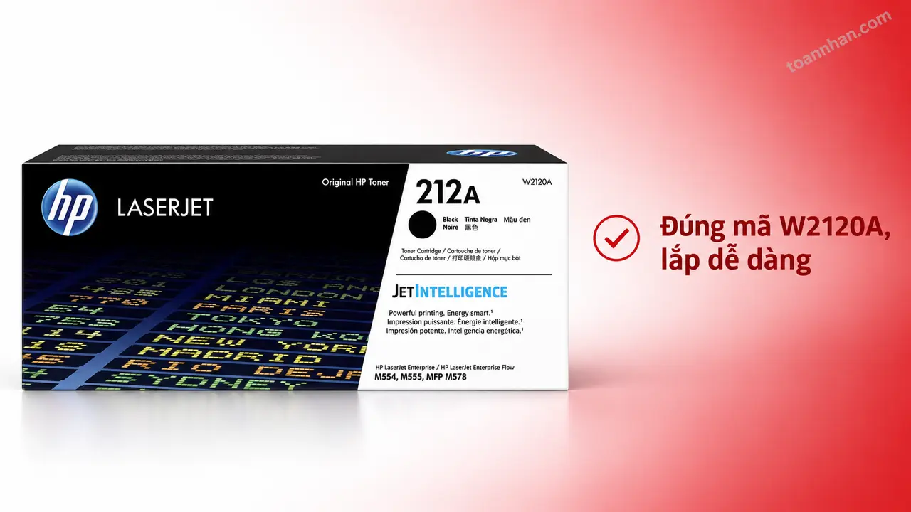 Mực in laser HP W2120A chính hãng trên nền studio, minh họa lắp đúng mã hộp mực