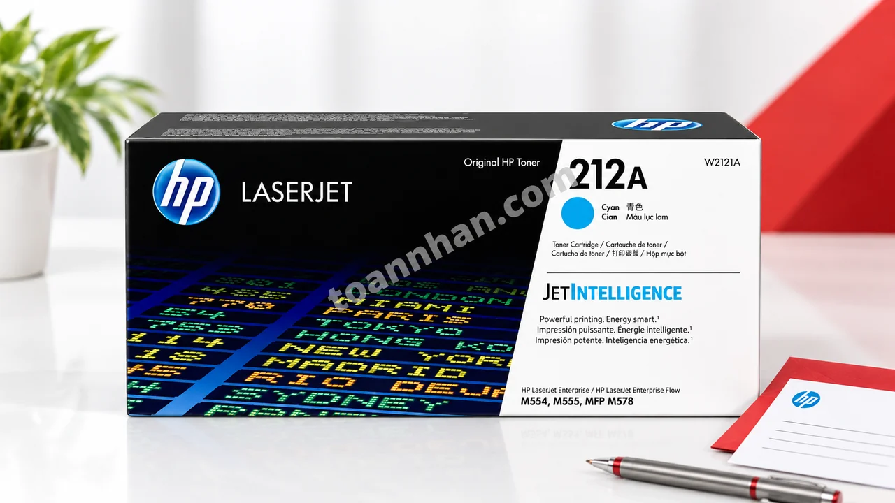 Hộp mực HP W2121A chính hãng cạnh thẻ bảo hành trong ảnh studio