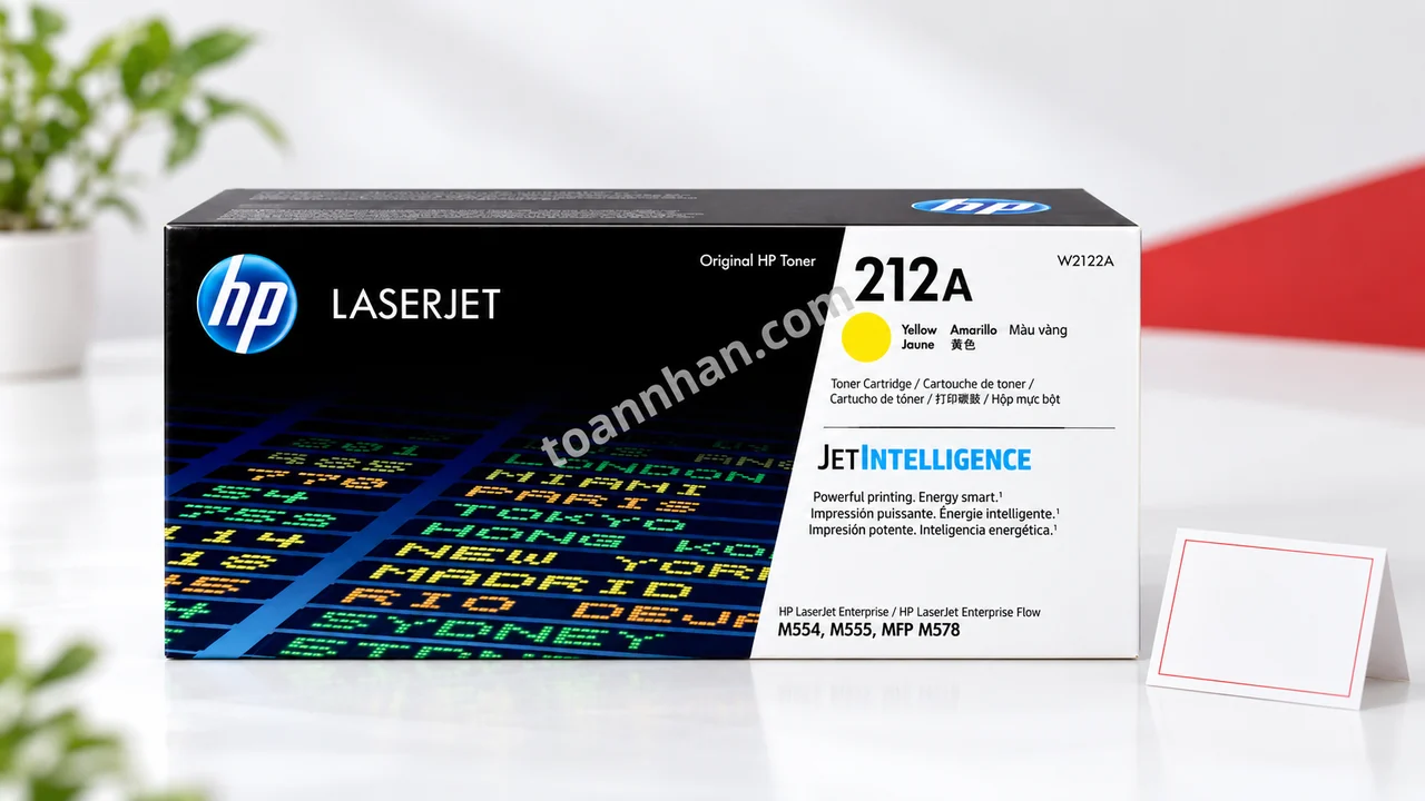 Hộp mực HP W2122A chính hãng cạnh thẻ bảo hành trong ảnh studio