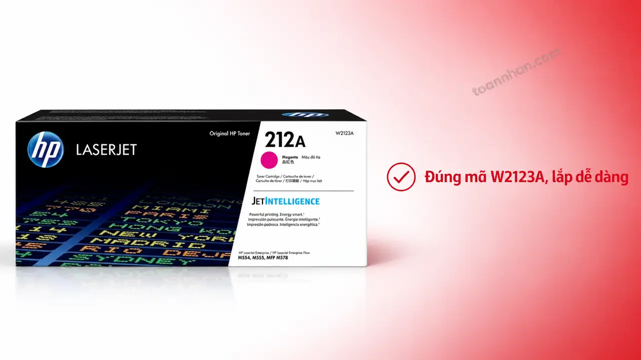 Mực in laser HP W2123A chính hãng trên nền studio, minh họa lắp đúng mã hộp mực