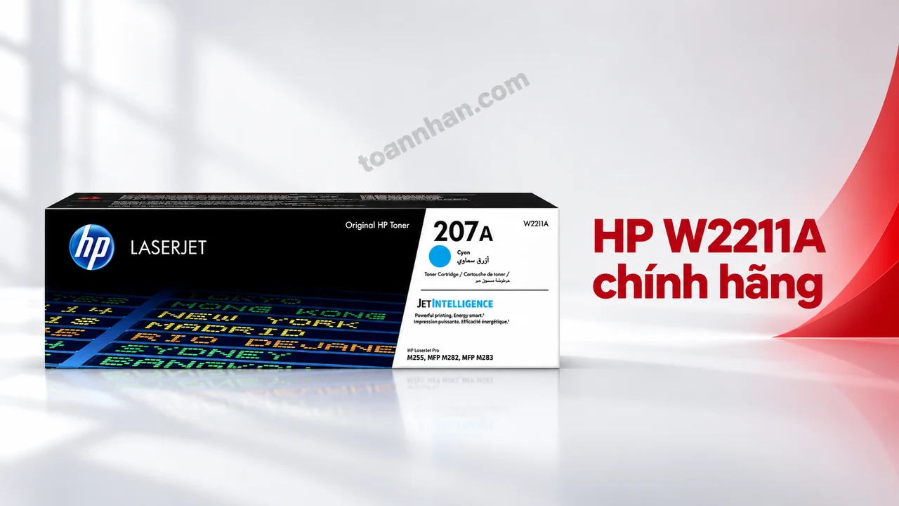 Hộp mực HP W2211A chính hãng màu xanh Cyan trên nền trắng đỏ