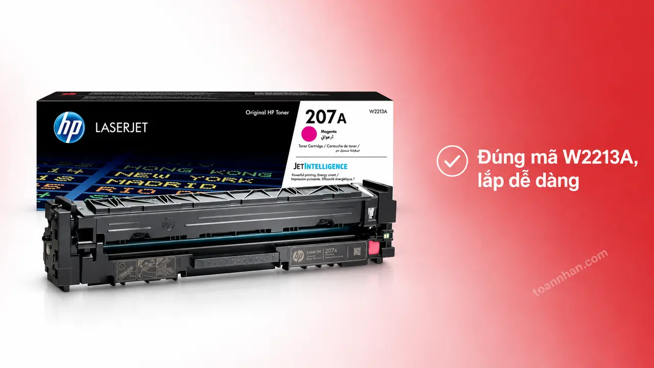 Mực in laser HP W2213A chính hãng trên nền studio, minh họa lắp đúng mã hộp mực