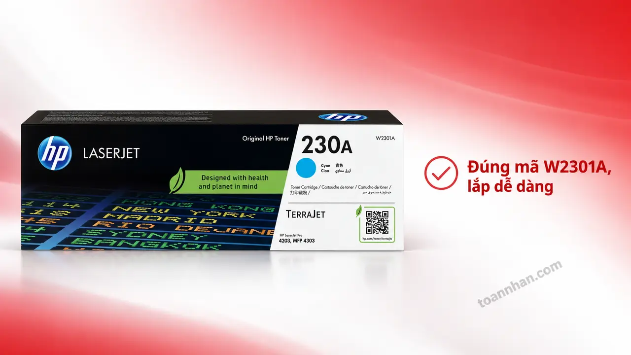 Mực in laser HP W2301A chính hãng trên nền studio, minh họa lắp đúng mã hộp mực