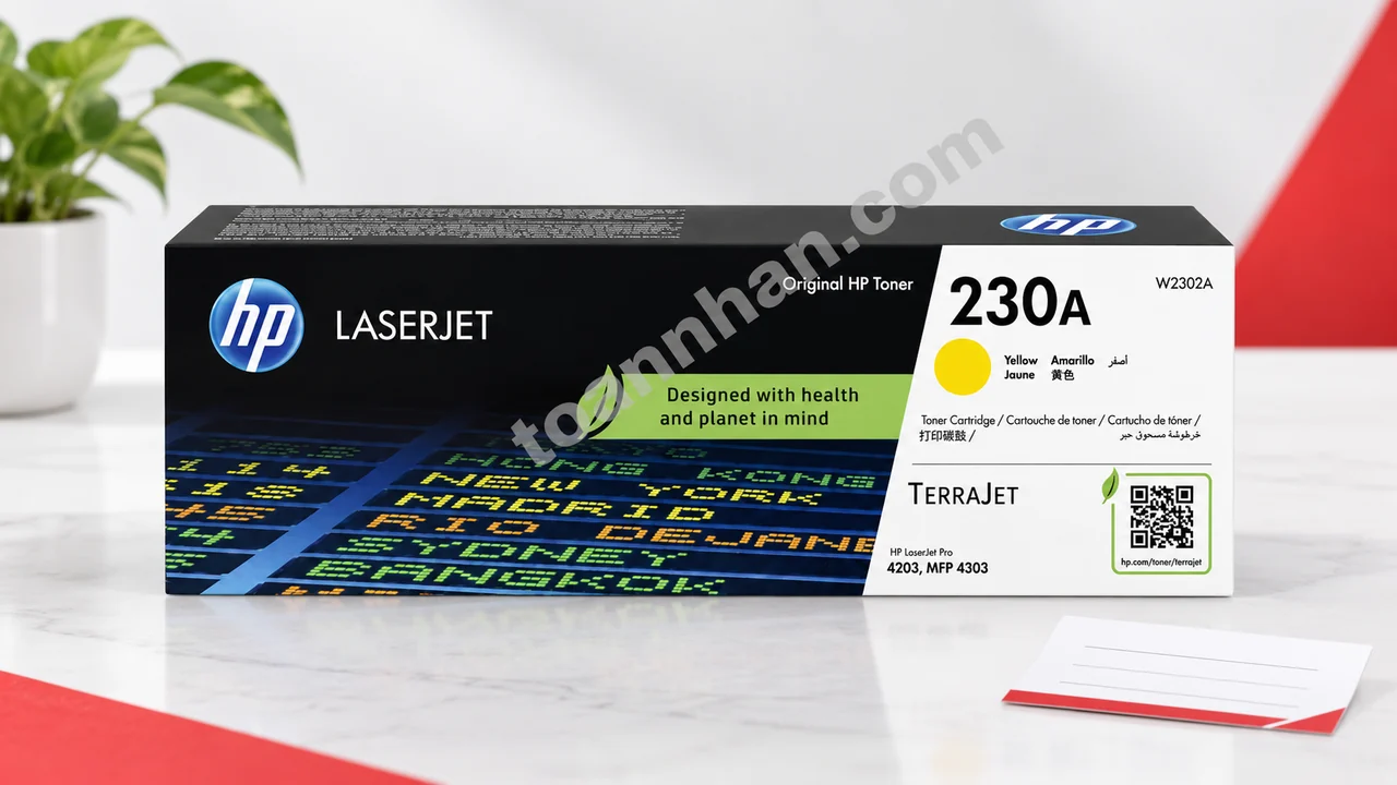 Hộp mực HP W2302A chính hãng cạnh thẻ bảo hành trong ảnh studio
