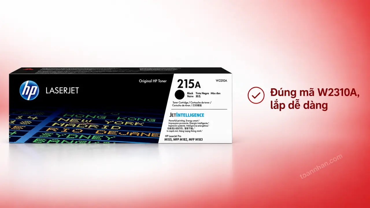 Mực in laser HP W2310A chính hãng trên nền studio, minh họa lắp đúng mã hộp mực