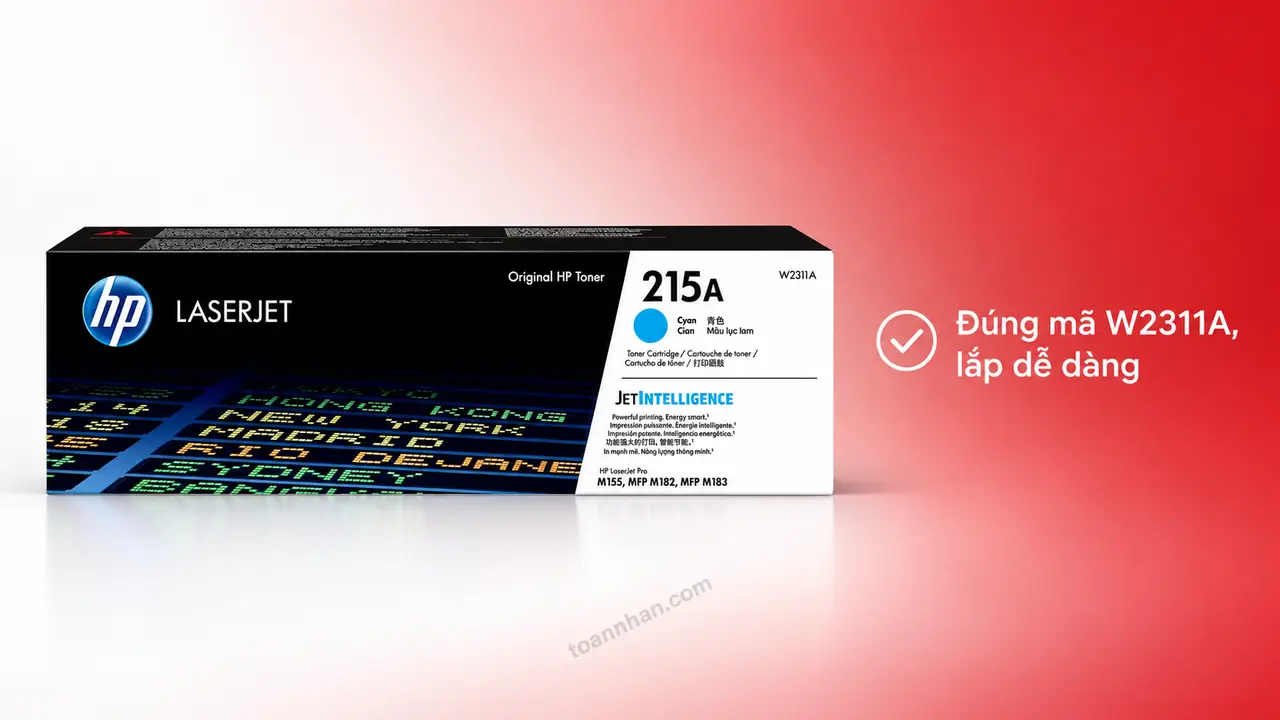 Mực in laser HP W2311A chính hãng trên nền studio, minh họa lắp đúng mã hộp mực