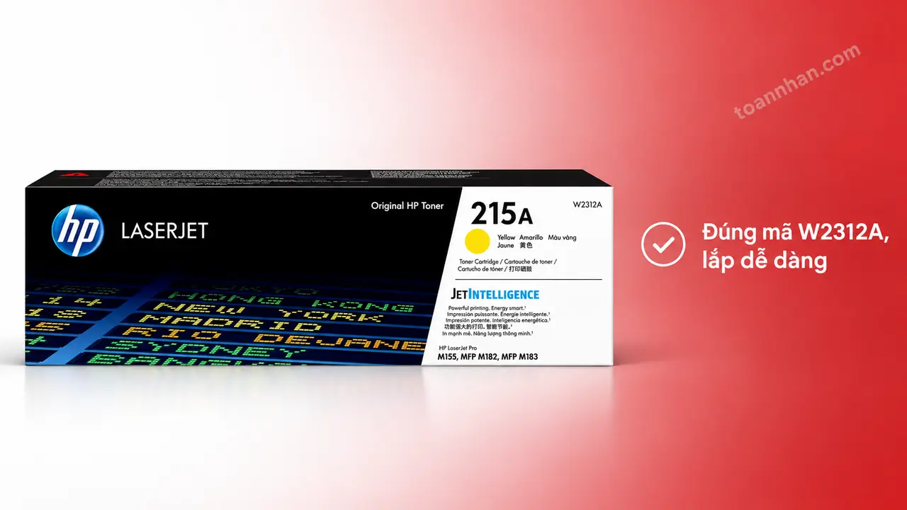 Mực in laser HP W2312A chính hãng trên nền studio, minh họa lắp đúng mã hộp mực
