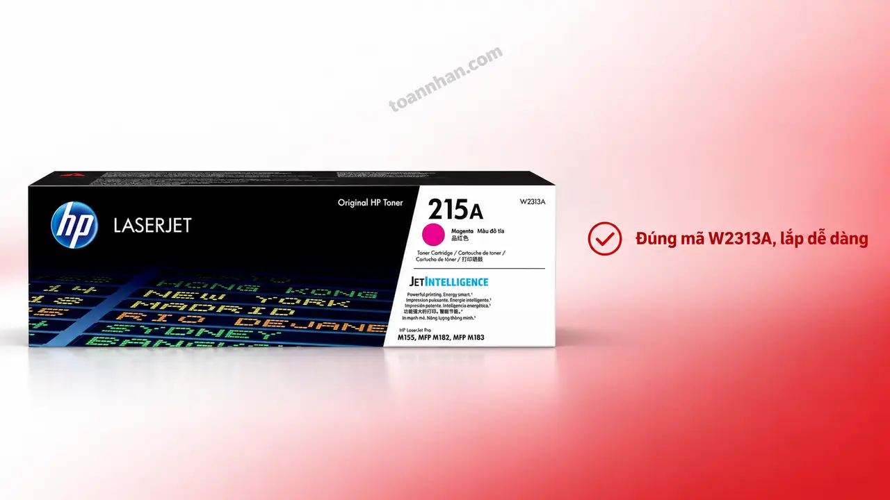 Mực in laser HP W2313A chính hãng trên nền studio, minh họa lắp đúng mã hộp mực