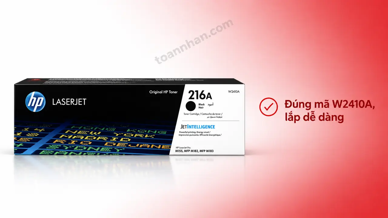 Mực in laser HP W2410A chính hãng trên nền studio, minh họa lắp đúng mã hộp mực
