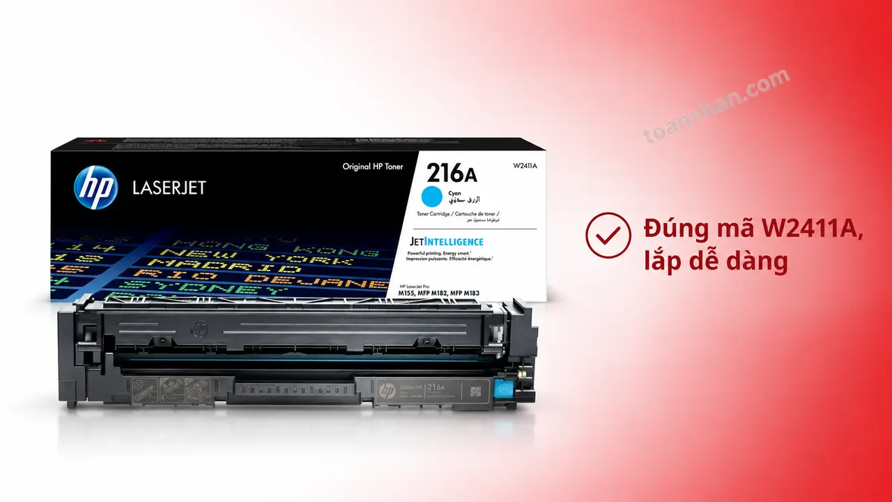 Mực in laser HP W2411A chính hãng trên nền studio, minh họa lắp đúng mã hộp mực