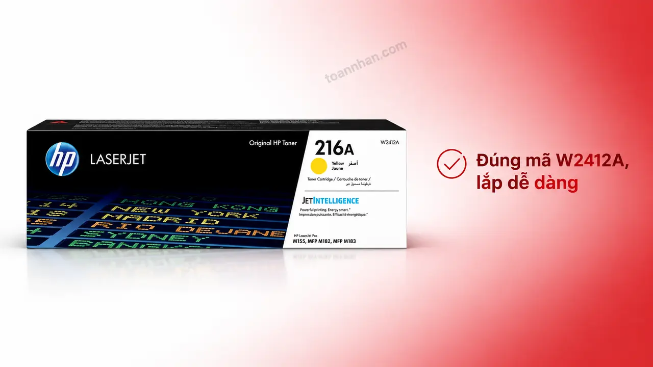 Mực in laser HP W2412A chính hãng trên nền studio, minh họa lắp đúng mã hộp mực