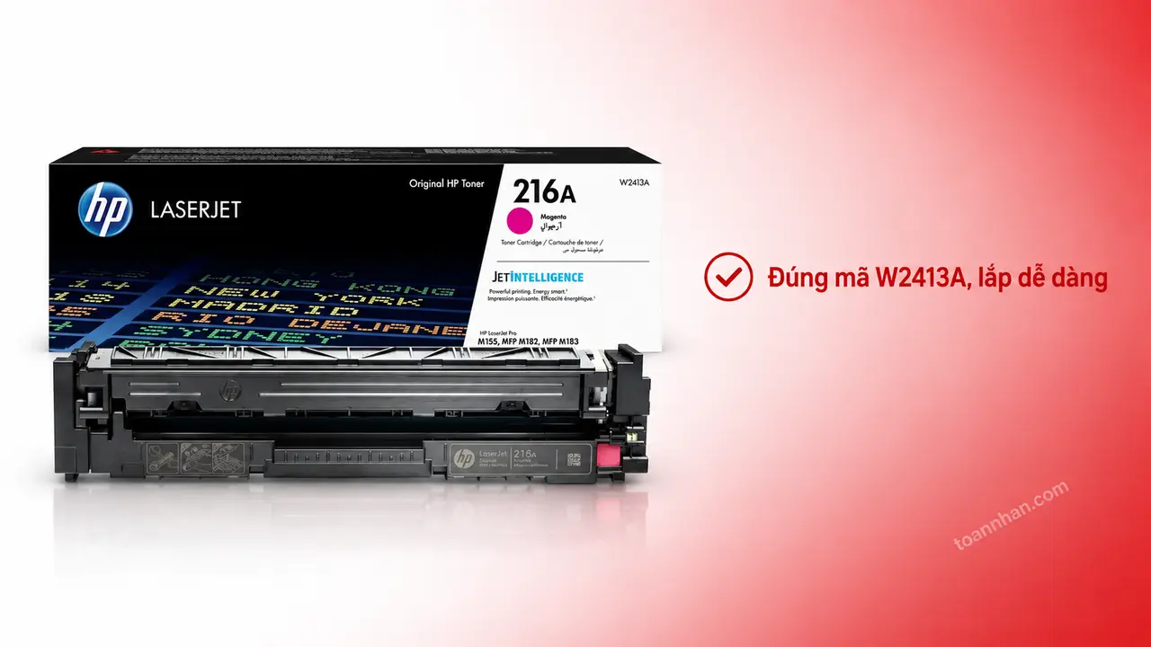 Mực in laser HP W2413A chính hãng trên nền studio, minh họa lắp đúng mã hộp mực