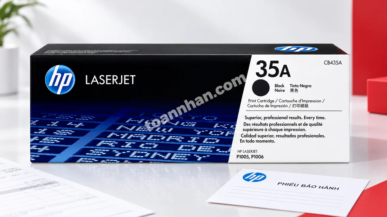 Hộp mực HP CB435A chính hãng cạnh thẻ bảo hành trong ảnh studio