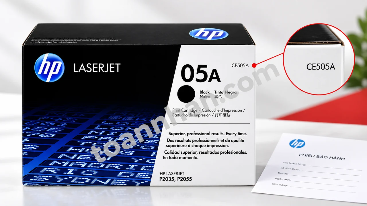 Hộp mực HP CE505A chính hãng cạnh thẻ bảo hành trong ảnh studio