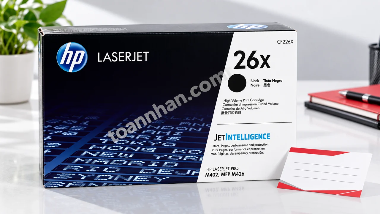 Hộp mực HP CF226X chính hãng cạnh thẻ bảo hành trong ảnh studio