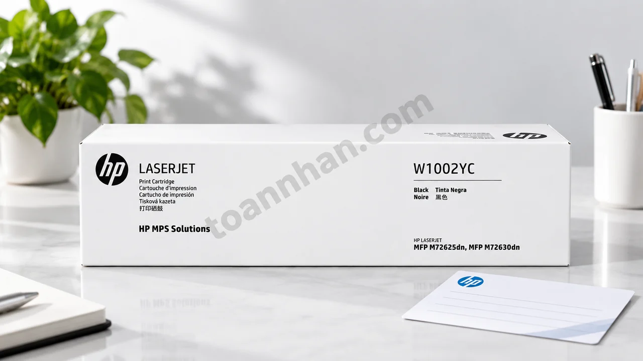 Hộp mực HP W1002YC chính hãng cạnh thẻ bảo hành trong ảnh studio