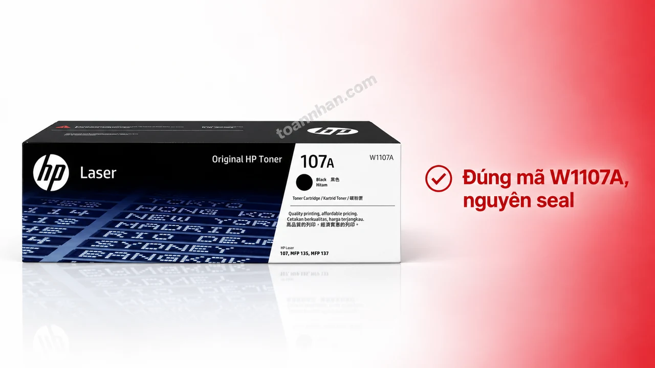 Hộp mực HP W1107A chính hãng màu đen nguyên seal trên nền trắng