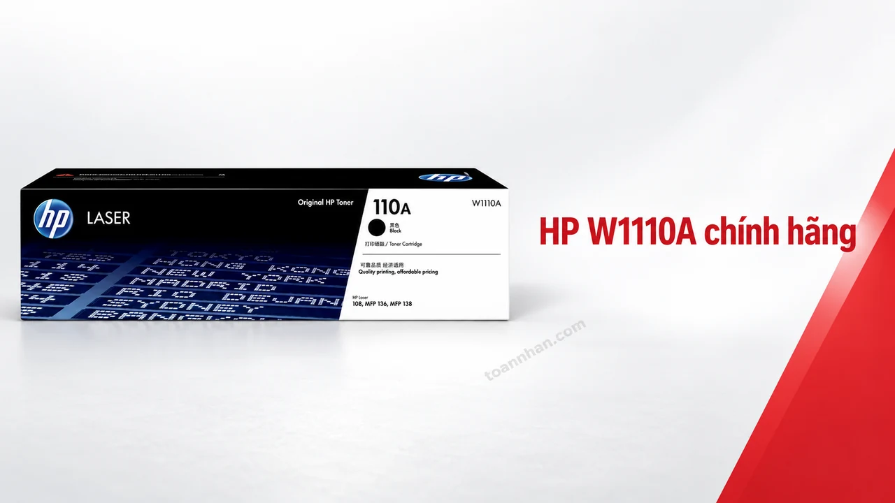 Hộp mực HP W1110A chính hãng trong bao bì gốc trên nền trắng đỏ