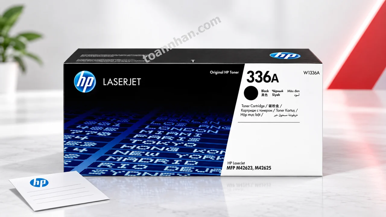 Hộp mực HP W1336A chính hãng đặt cạnh phiếu bảo hành