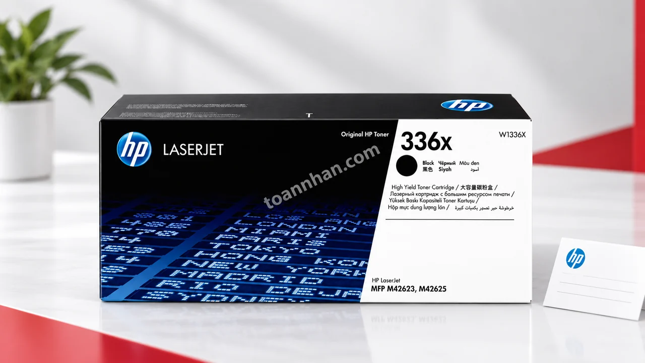Hộp mực HP W1336X chính hãng đặt cạnh phiếu bảo hành