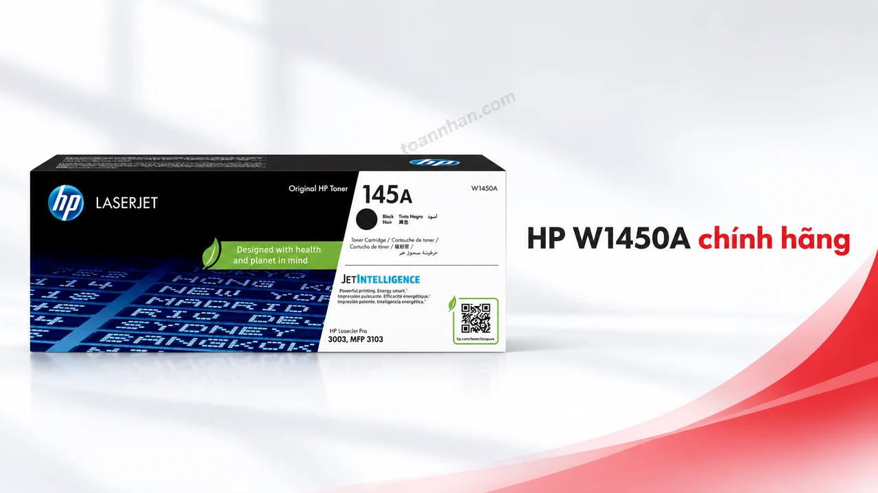 Hộp mực HP W1450A chính hãng trong bao bì gốc trên nền trắng đỏ