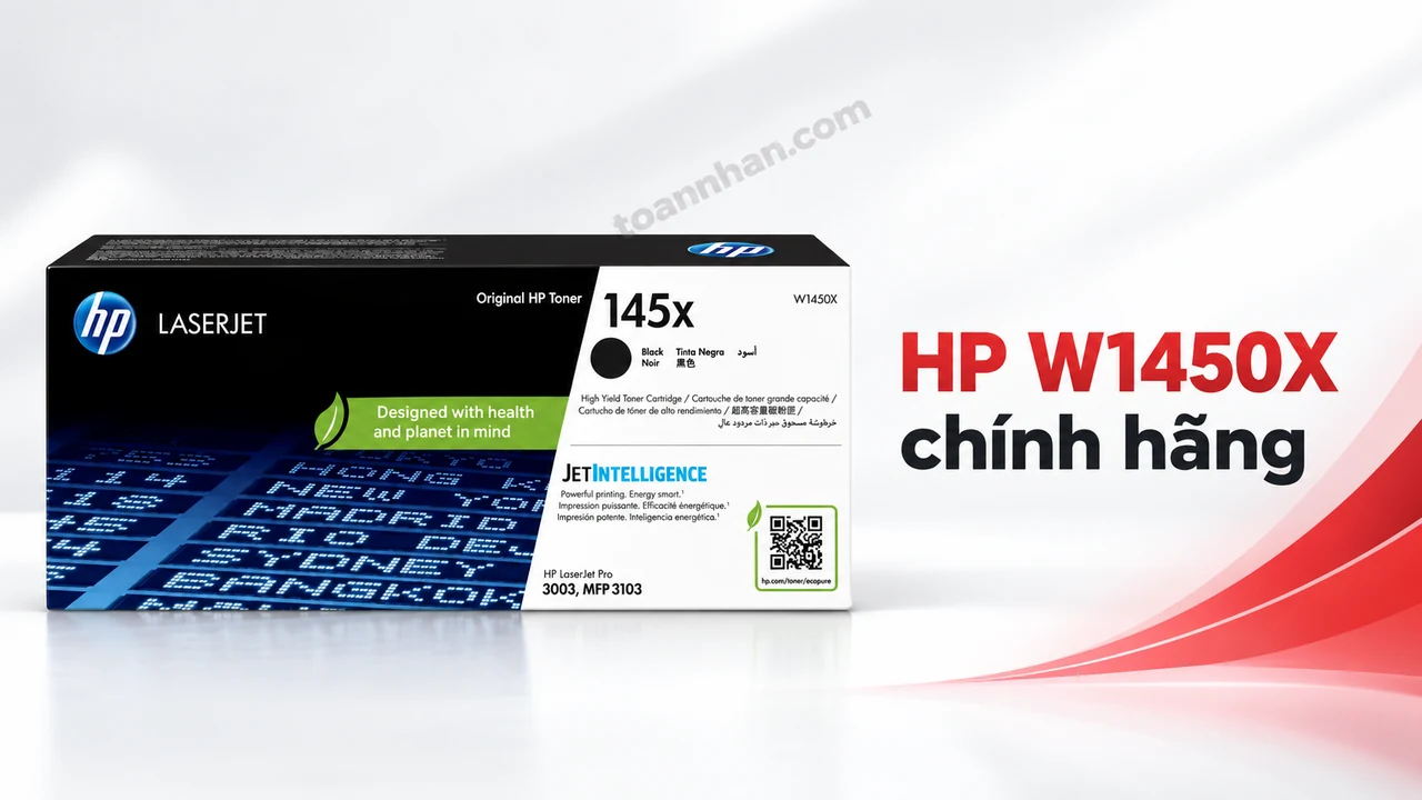 Hộp mực HP W1450X chính hãng trong bao bì gốc trên nền trắng đỏ