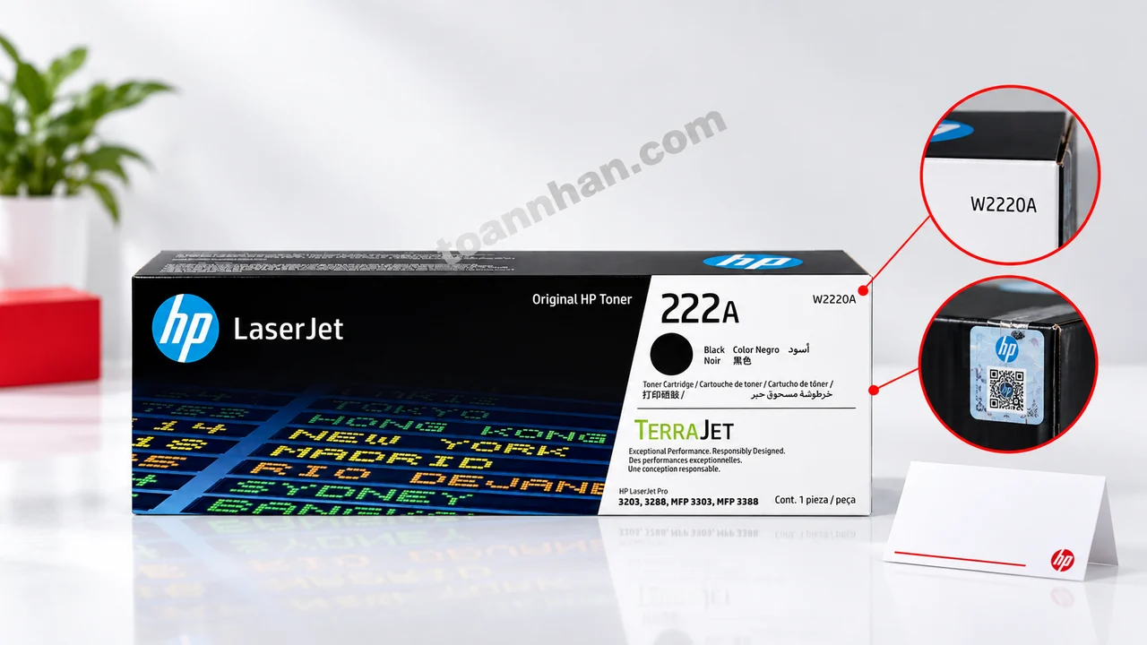 Hộp mực HP W2220A chính hãng đặt cạnh phiếu bảo hành