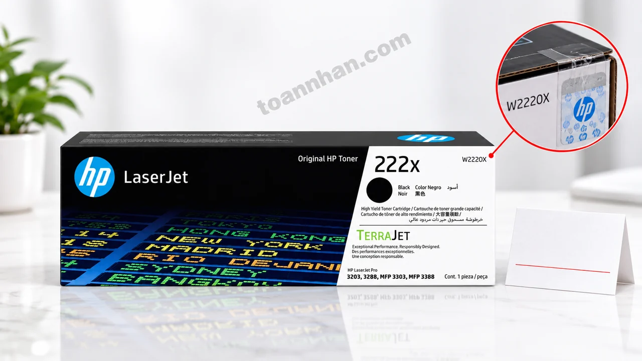 Hộp mực HP W2220X chính hãng đặt cạnh phiếu bảo hành