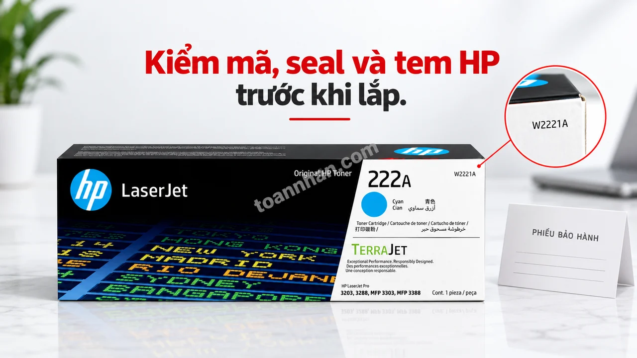 Hộp mực HP W2221A chính hãng đặt cạnh phiếu bảo hành