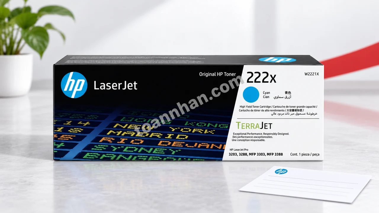 Hộp mực HP W2221X chính hãng đặt cạnh phiếu bảo hành