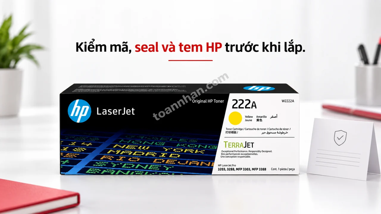 Hộp mực HP W2222A chính hãng đặt cạnh phiếu bảo hành