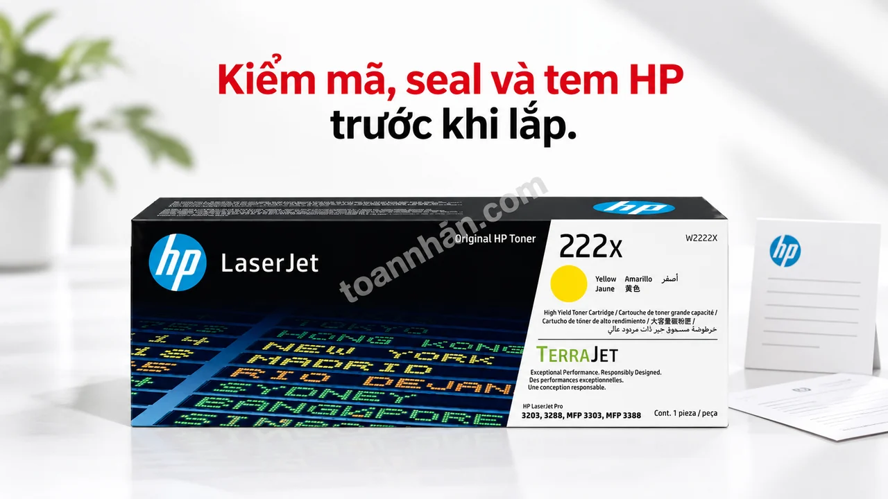Hộp mực HP W2222X chính hãng đặt cạnh phiếu bảo hành