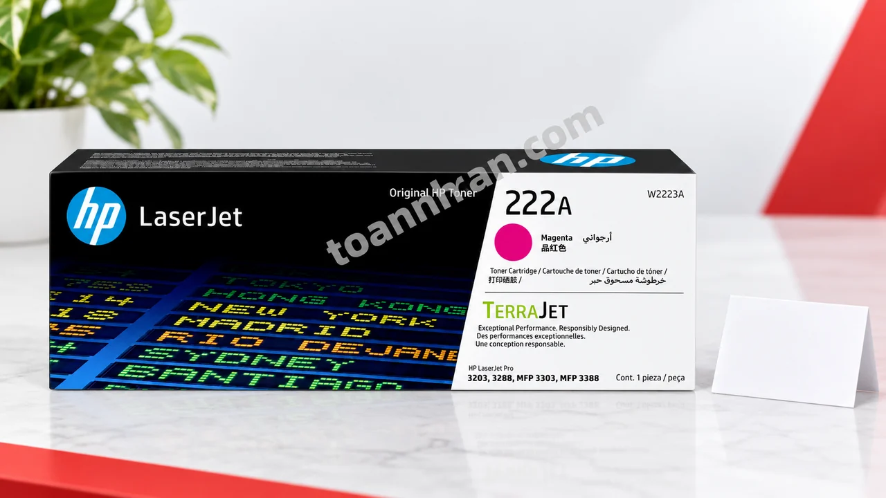 Hộp mực HP W2223A chính hãng đặt cạnh phiếu bảo hành