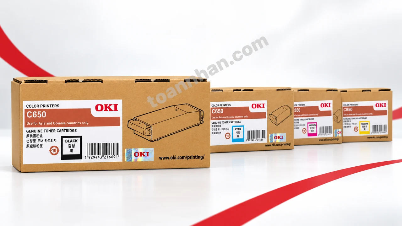 Bốn hộp mực OKI C650 chính hãng, hộp đen C650BK ở phía trước