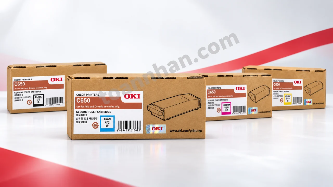 Bốn hộp mực OKI C650 chính hãng, hộp xanh Cyan C650C phía trước