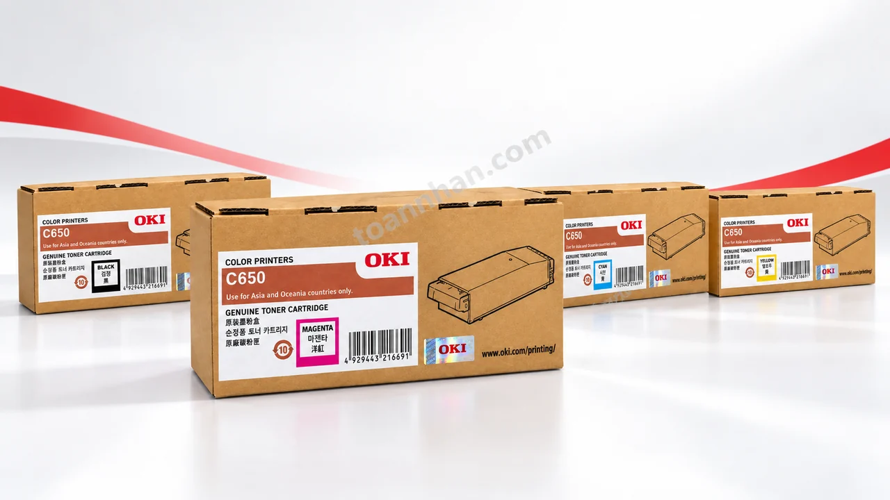 Bốn hộp mực OKI C650 chính hãng, hộp hồng Magenta C650M phía trước