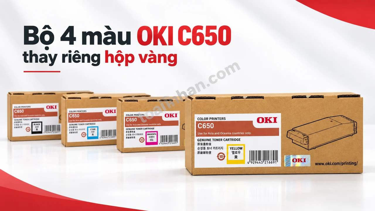 Bốn hộp mực OKI C650 chính hãng, hộp vàng Yellow C650Y phía trước