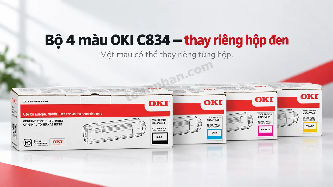 Bốn hộp mực OKI C834 chính hãng, hộp đen C834BK phía trước