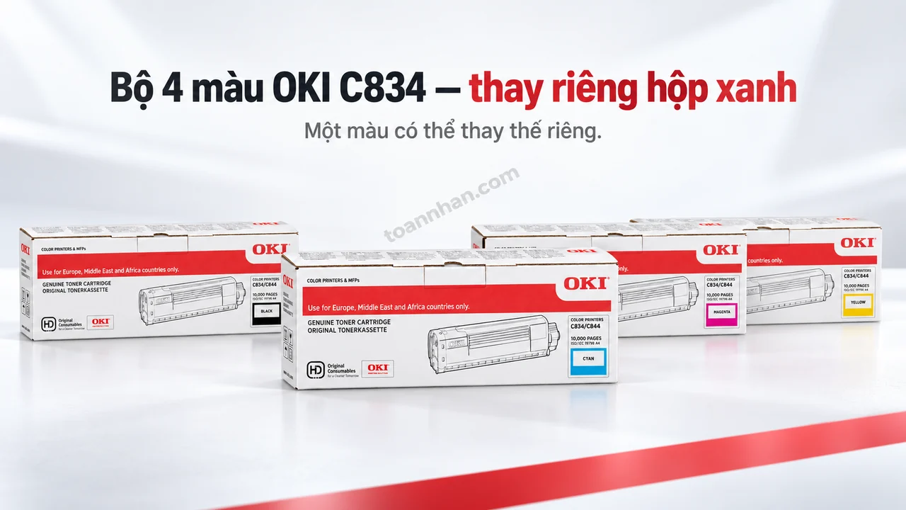 Bốn hộp mực OKI C834 chính hãng, hộp xanh Cyan C834C phía trước