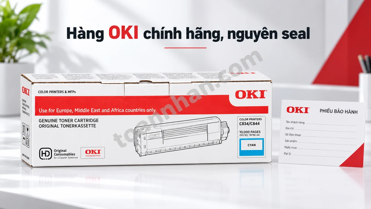 Hộp mực OKI C834C xanh Cyan chính hãng cùng phiếu bảo hành