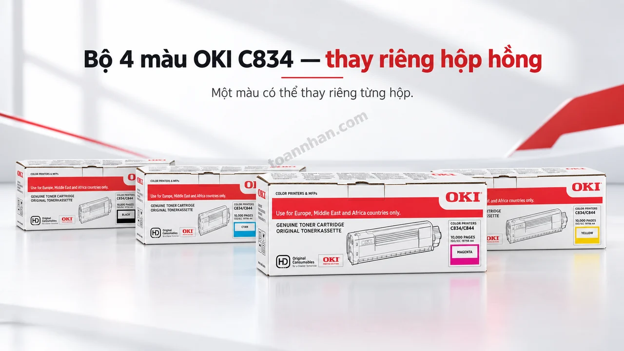 Bốn hộp mực OKI C834 chính hãng, hộp hồng Magenta C834M phía trước