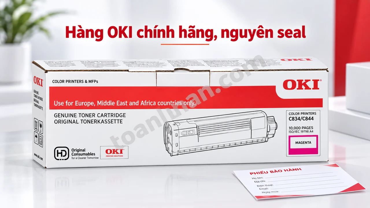 Hộp mực OKI C834M hồng Magenta chính hãng cùng phiếu bảo hành