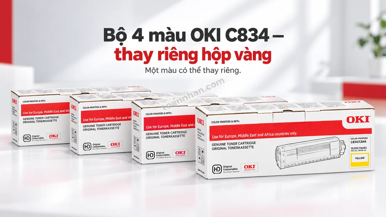 Bốn hộp mực OKI C834 chính hãng, hộp vàng Yellow C834Y phía trước