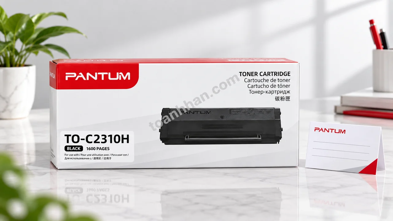 Hộp mực Pantum C2310H chính hãng đặt cạnh phiếu bảo hành