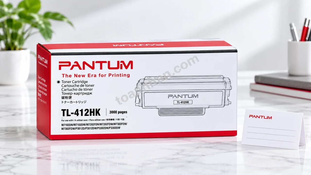 Hộp mực Pantum TL412HK chính hãng đặt cạnh phiếu bảo hành