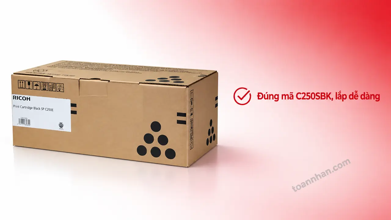 Mực in laser Ricoh C250SBK chính hãng trên nền studio, minh họa lắp đúng mã hộp mực