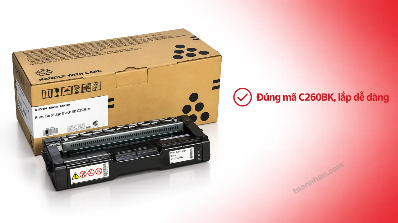 Mực in laser Ricoh C260BK chính hãng trên nền studio, minh họa lắp đúng mã hộp mực