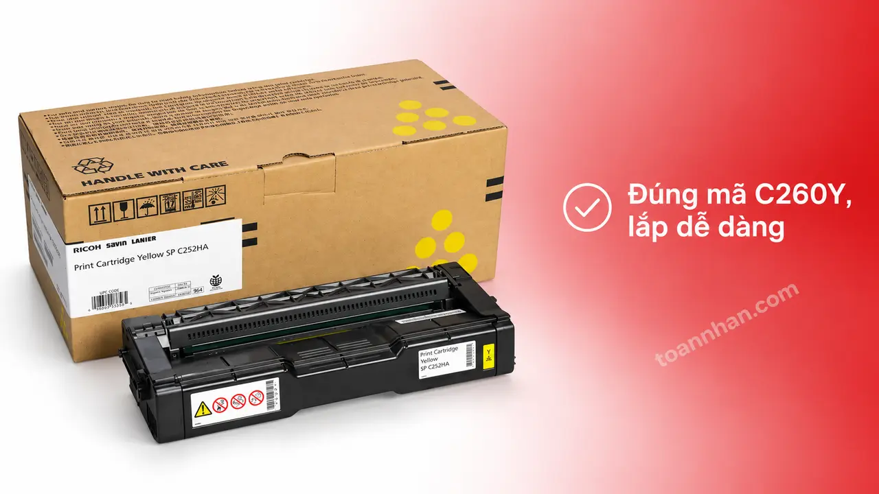 Mực in laser Ricoh C260Y chính hãng trên nền studio, minh họa lắp đúng mã hộp mực